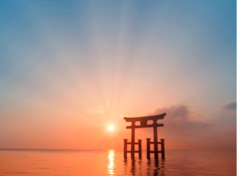 しめ縄 藁 紙垂 神社 風景 鳥居 海
